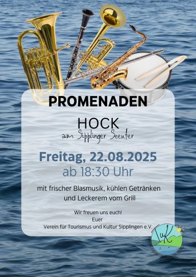 Plakat: Ein Abend mit Blasmusik am Bodenseeufer.