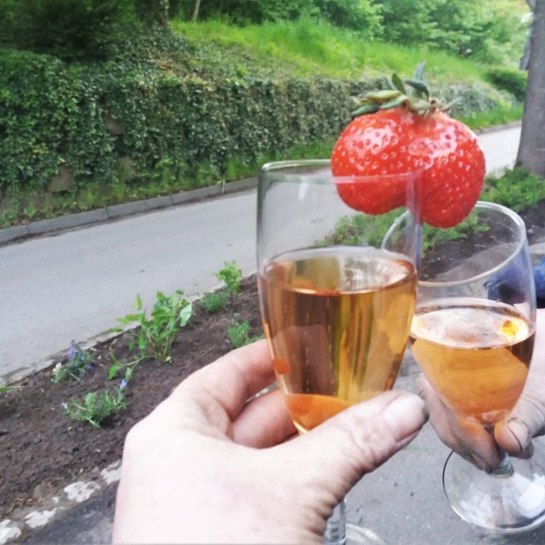 Frische Bepflanzung im Hintergrund. Sekt zum Anstoßen, als Belohnung für die getane Arbeit im Vordergrund.